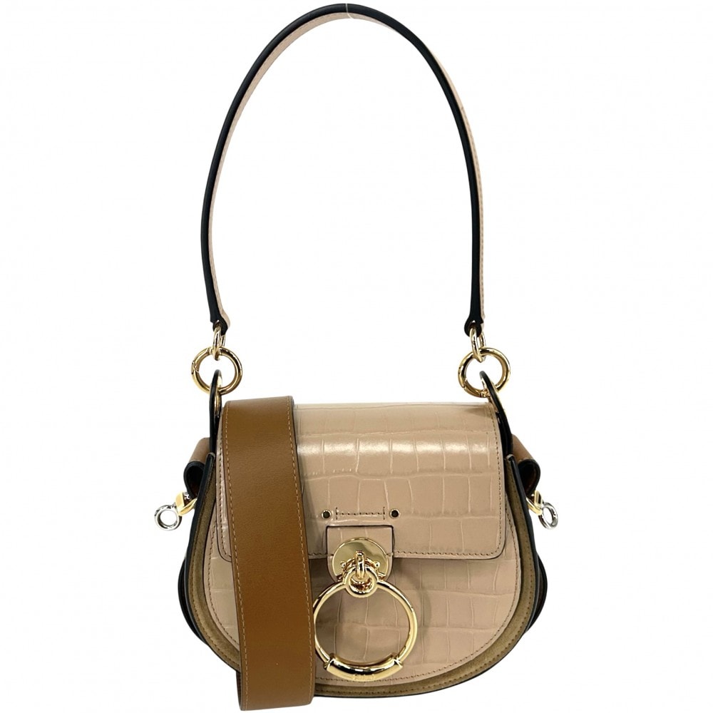 Chloe クロエ 2WAY TESS スモール ハンドバッグ ショルダーバッグ 肩掛け 斜め掛け クロコダイル型押し レザー ブラウン 茶 ゴールド金具 レディース【中古品】