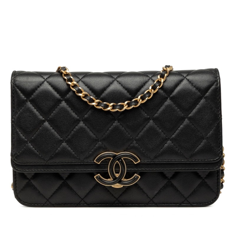 シャネル ココマーク マトラッセ チェーン ウォレット ショルダーバッグ ブラック ゴールド ラムスキン レディース CHANEL 中古