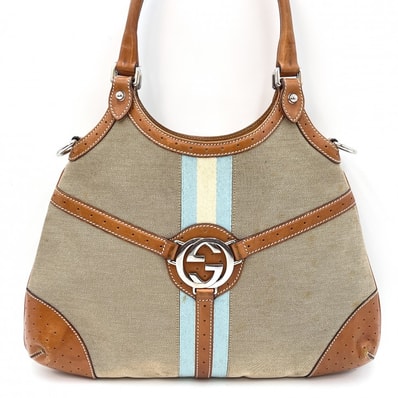 GUCCI(グッチ)GGレインズ ホーボーバッグ ショルダーバッグ キャンバス レザー ベージュ ブラウン シルバー金具 114875 002404 【中古】