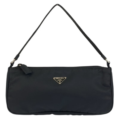 美品 PRADA プラダ テスート 三角ロゴプレート ブラック 黒 シルバー金具 ナイロン ハンドバッグ アクセサリーポーチ 603208 【中古】