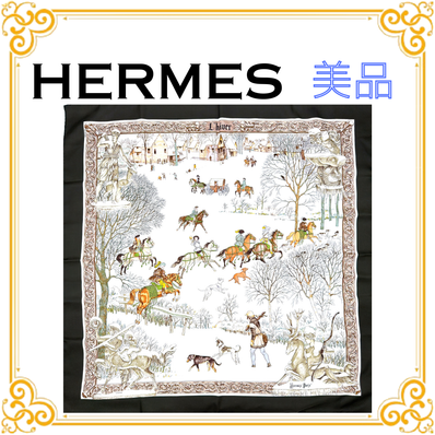 ■美品■ HERMES エルメス カレ90 L'hiver 冬の火 スカーフ ブラック 黒 シルク ストール ショール 大判 レディース 総柄 マルチカラー
