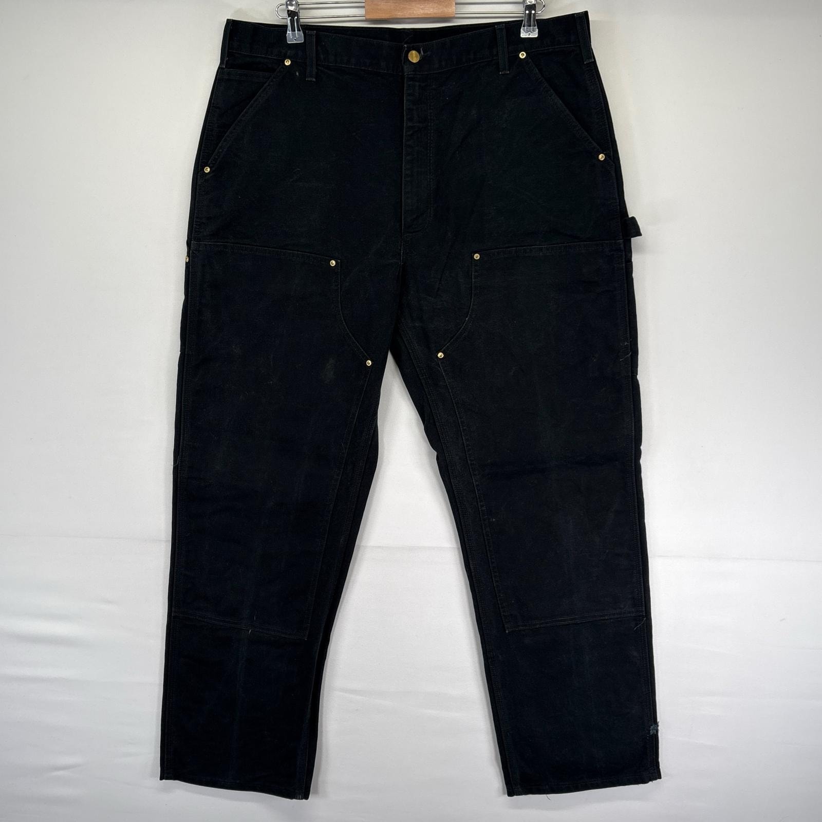 古着 カーハート Carhartt USA製 ダック パンツ ダブルニー ハンマーループ ワンポイント ジッパーフライ w38 L32  ブラック系 メンズ