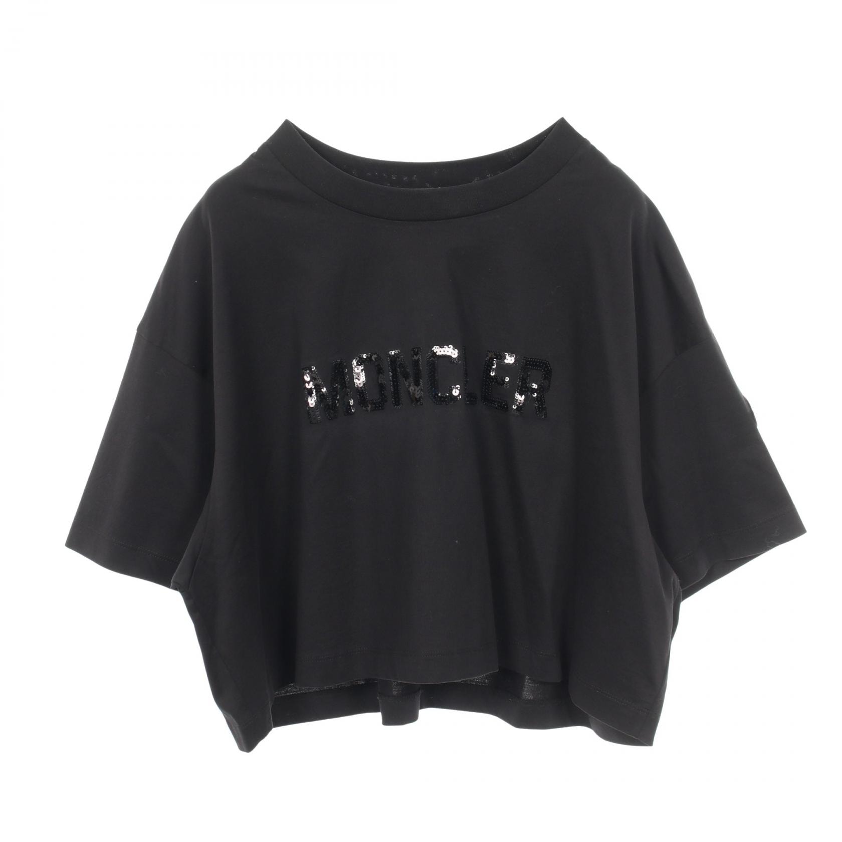 モンクレール MONCLER スパンコールロゴ クロップド 半袖Tシャツ 衣料品 トップス コットン レディース ブラック系 【中古】