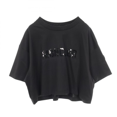 モンクレール MONCLER スパンコールロゴ クロップド 半袖Tシャツ 衣料品 トップス コットン レディース ブラック系 【中古】