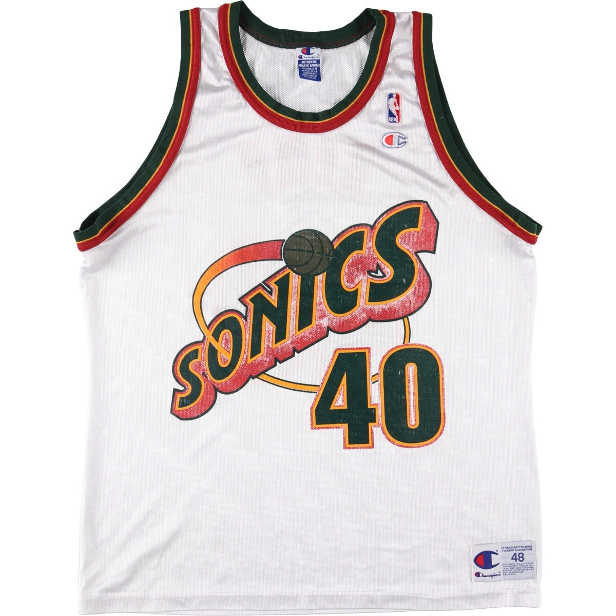 古着 90年代 チャンピオン Champion AUTHENTIC ATHLETIC APPAREL NBA SEATTLE SUPERSONICS シアトルスーパーソニックス メッシュタンクトップ ゲームシャツ メンズL相当/eaa564341