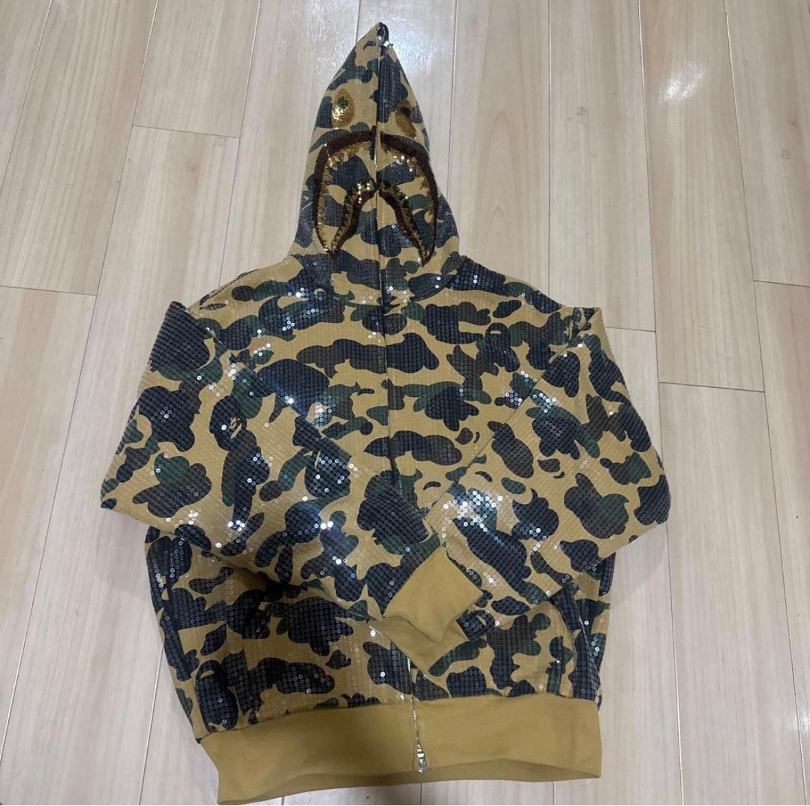 A BATHING APE 1St Camo Sequin Shark Relaxed Fit Full Zip Hoodie "Yellow"
