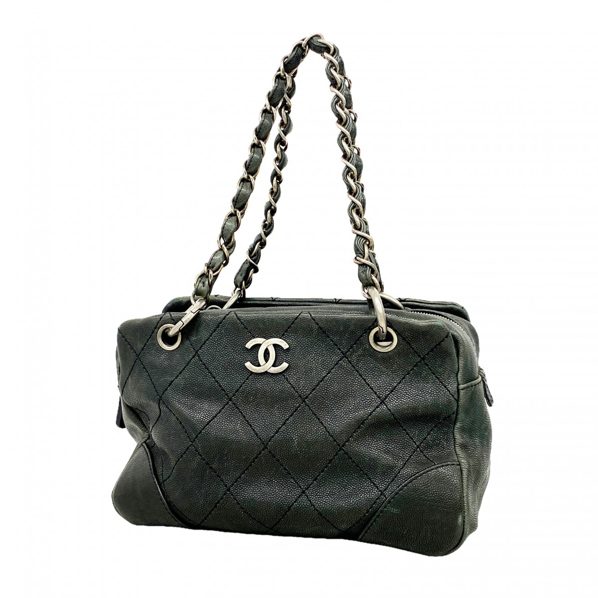 【6dd4580-k】シャネル ハンドバッグ ワイルドステッチ キャビアスキン ブラック シルバー金具【中古】レディース