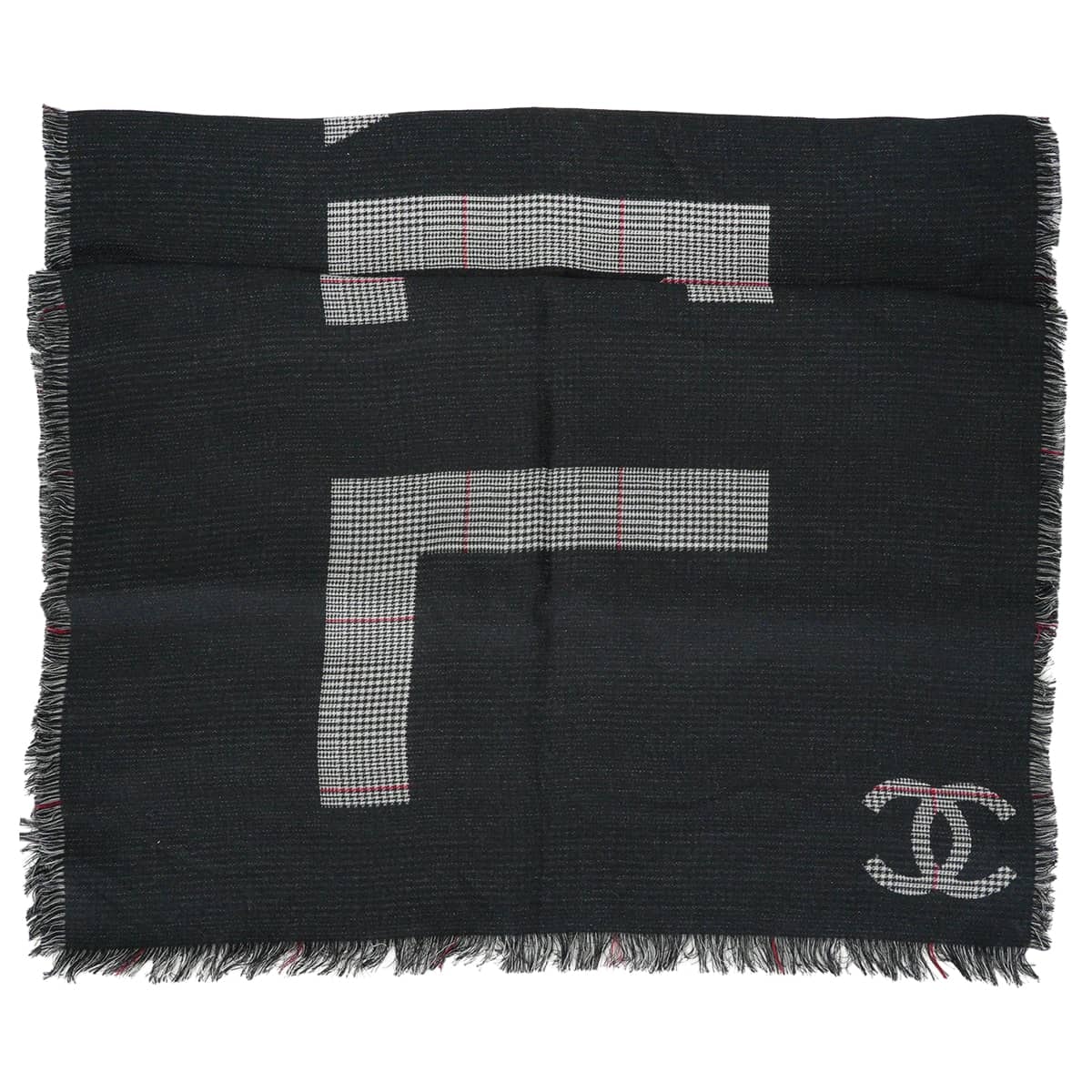 CHANEL シャネル ストール ロゴ ココマーク 千鳥格子柄 チェック フリンジ 黒 (ブラック)/グレー/白 (ホワイト)/赤 シルク/カシミヤ 新品未使用