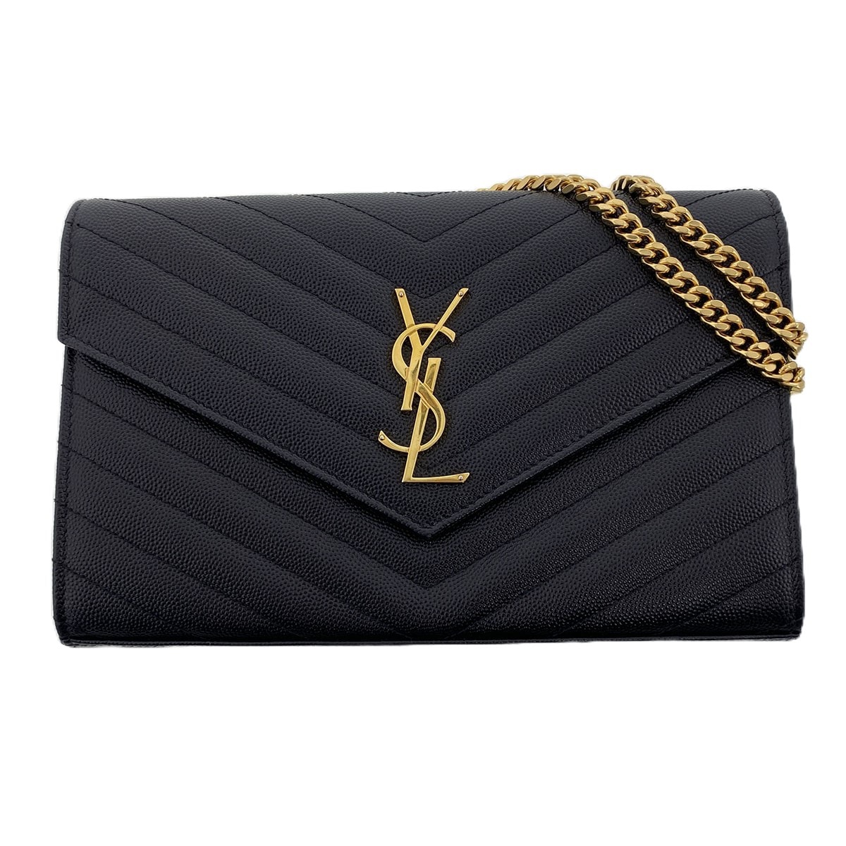 SAINT LAURENT サンローラン モノグラム チェーンウォレット ショルダーバッグ 377828 カーフ ブラック  レディース【中古】