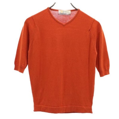 JOHN SMEDLEY ジョンスメドレー 英国製 ウール 5分袖 Vネック セーター S オレンジ系 ニット