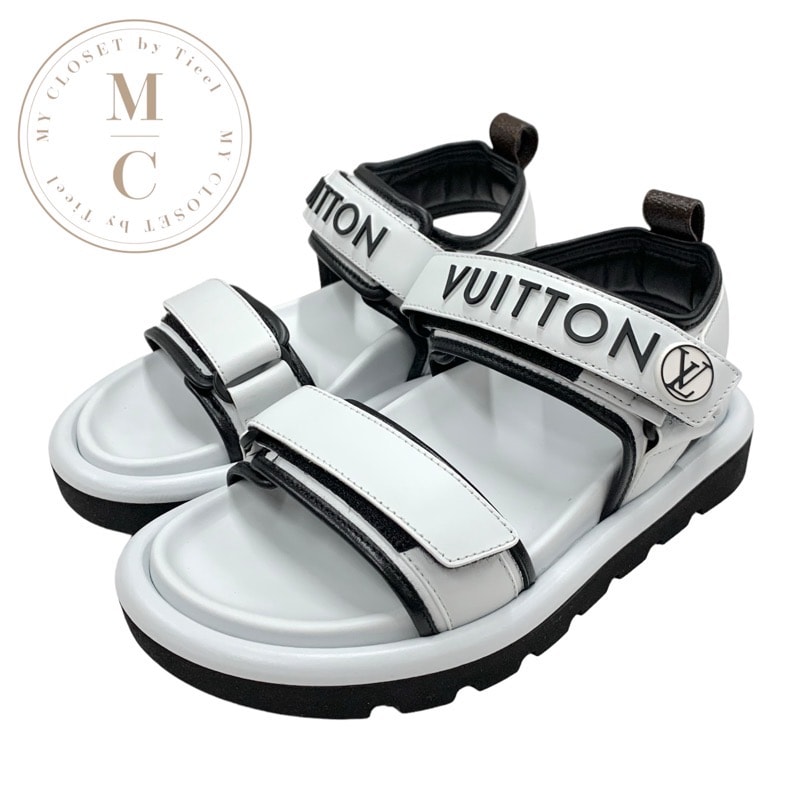 ルイヴィトン LOUIS VUITTON プールピローライン サンダル 靴 シューズ レザー ホワイト ブラック 白 未使用 スポーツサンダル ロゴ ベルクロ