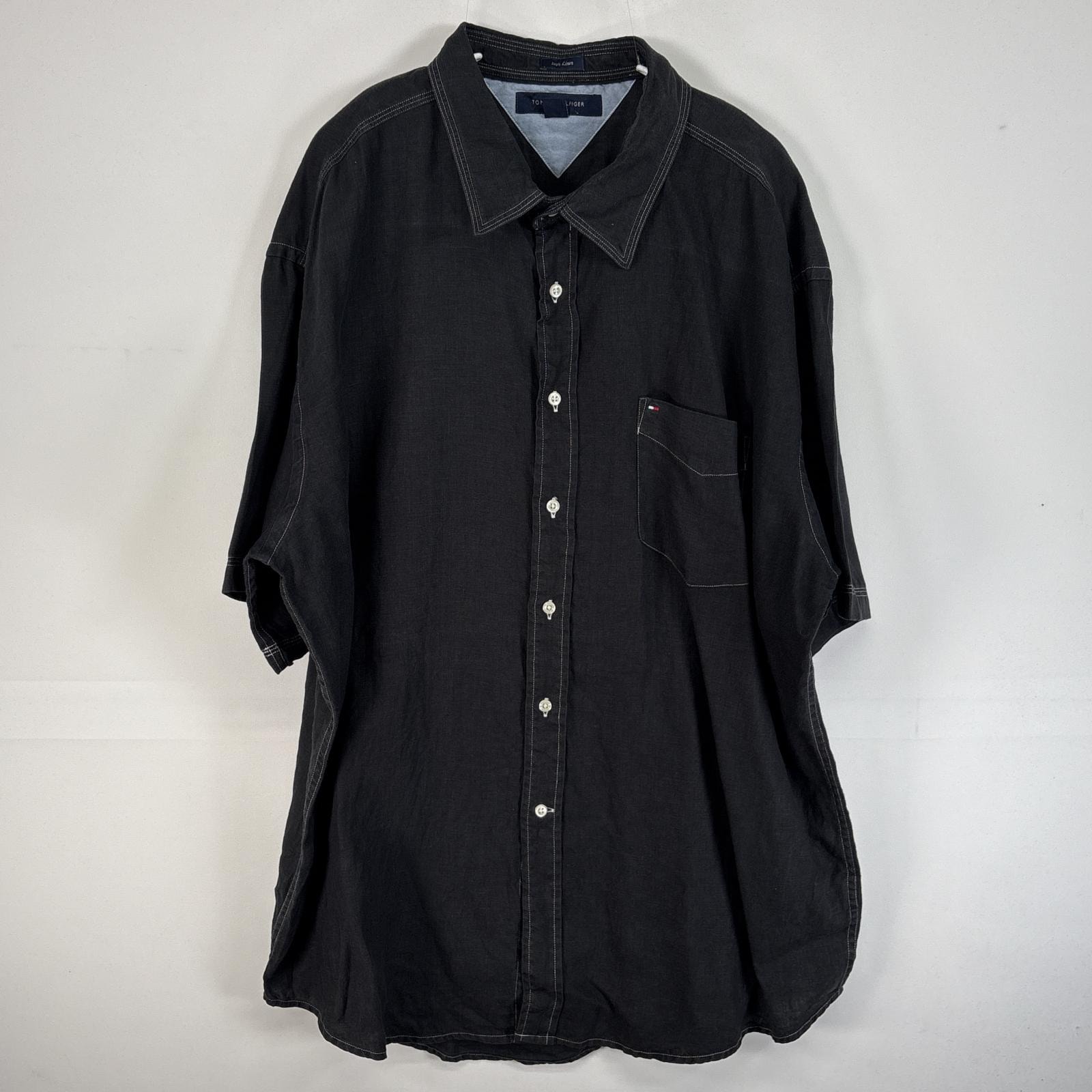古着 トミーヒルフィガー TOMMY HILFIGER 半袖シャツ ロゴ 刺繍 大きいサイズ リネン XL  ブラック 無地 メンズ