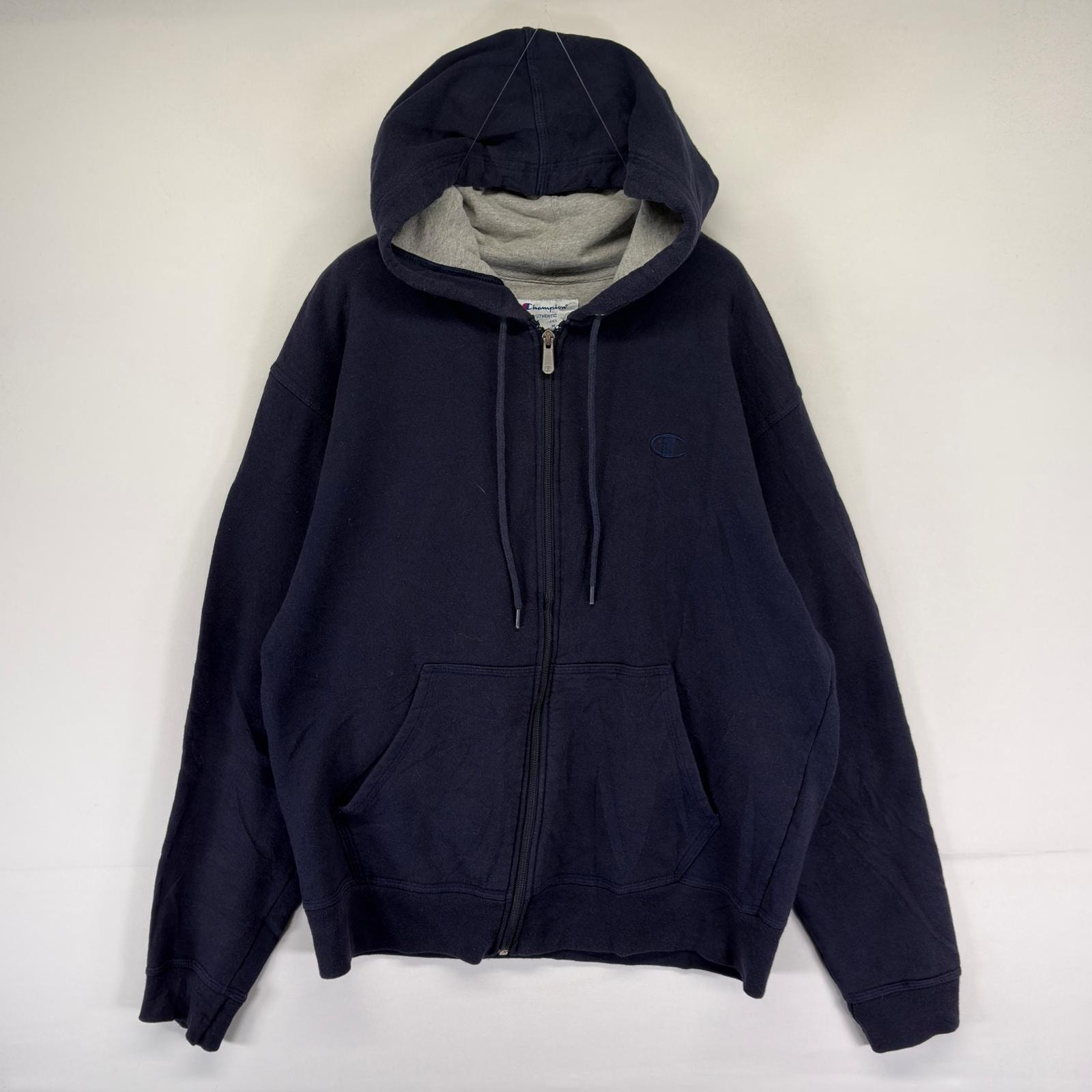 古着 チャンピオン Champion パーカー フルジップ フーディ スウェット ワンポイント刺繍ロゴ M  ネイビー系 メンズ