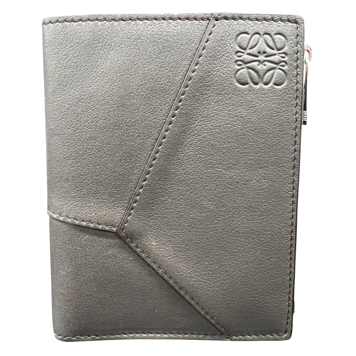 LOEWE 極美品 ロエベ PUZZLE EDGE SLIM COMPACT WALLET パズル エッジ スリム コンパクトウォレット 二つ折り財布 C510W73X02 レザー グレー ミニウォレット Aランク 中古 鑑定済 ロエベ財布