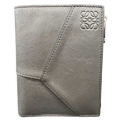 LOEWE 極美品 ロエベ PUZZLE EDGE SLIM COMPACT WALLET パズル エッジ スリム コンパクトウォレット 二つ折り財布 C510W73X02 レザー グレー ミニウォレット Aランク 中古 鑑定済 ロエベ財布