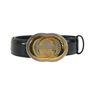 美品 GUCCI グッチ インターロッキングG 70cm/28インチ ブラック 黒 レザー ベルト 男女兼用 604185 【中古】