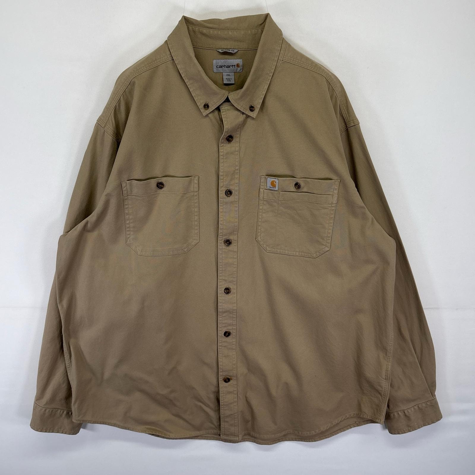 古着 カーハート Carhartt 長袖シャツ ボタンダウン 胸ポケット 大きいサイズ 無地 ワンポイントロゴ 14041 ベージュ メンズ