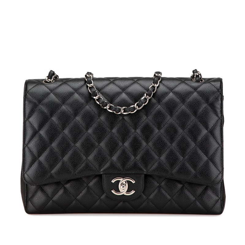 シャネル マトラッセ ダブルフラップ ココマーク チェーン ショルダーバッグ ブラック キャビアスキン レディース CHANEL 中古