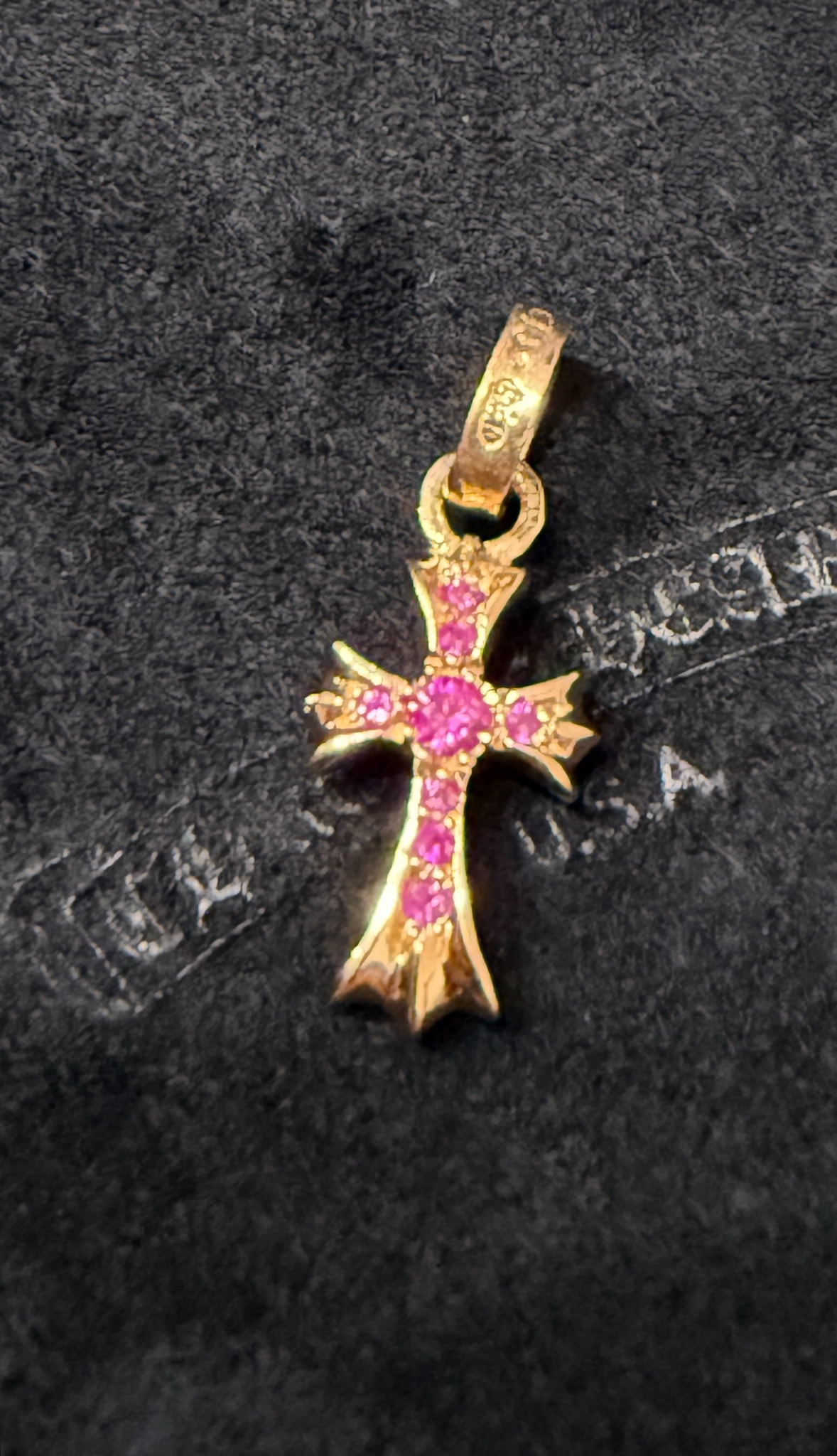 Chrome Hearts 22K CH Cross Baby Fat Charm with Pave Pink Sapphire "Yellow Gold"
