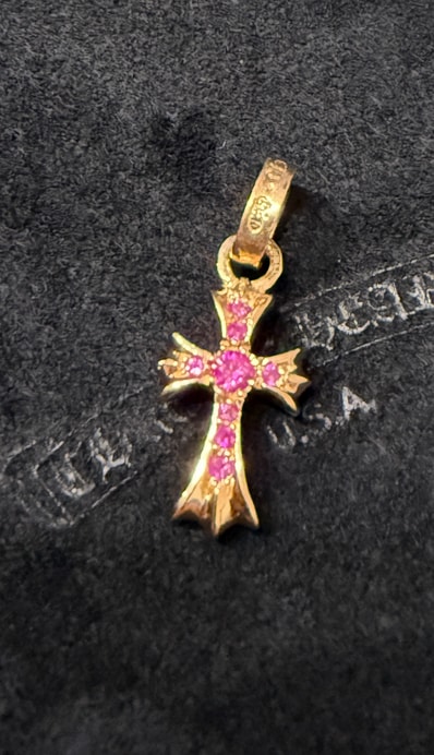 Chrome Hearts 22K CH Cross Baby Fat Charm with Pave Pink Sapphire "Yellow Gold"