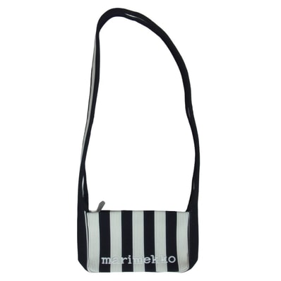 marimekko マリメッコ ショルダーバッグ 94146 ニット ストライプ ロゴ刺繍 ショルダー バッグ ブラック系【美品】【中古】
