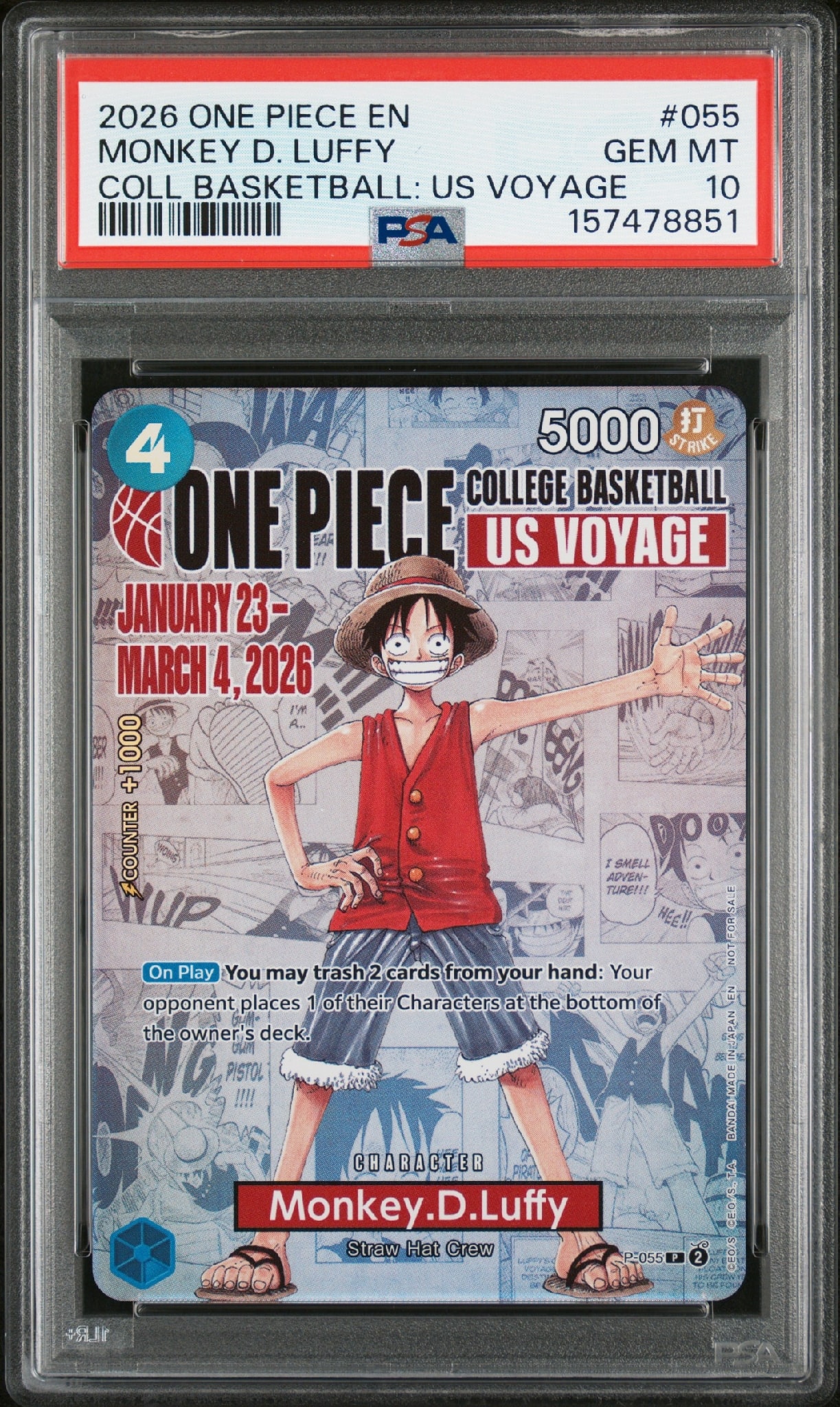 【PSA10】バスケ モンキー D ルフィ ワンピースカード 大学 USA PSA10】モンキー・D・ルフィ：P (開封済) [P-055]【英語版