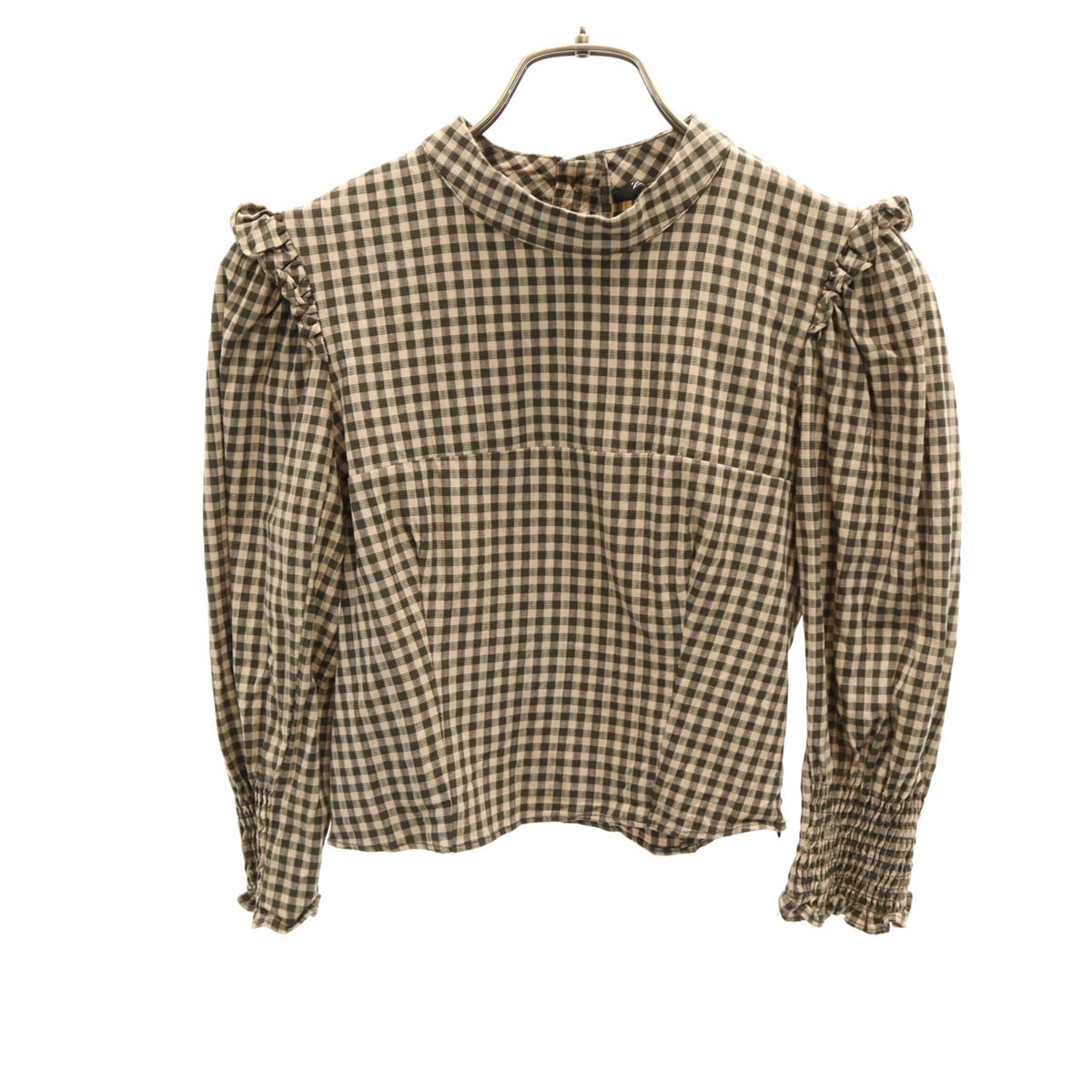 ZARA ザラ ギンガムチェック柄 5分袖 フリル シャツ M ベージュ系