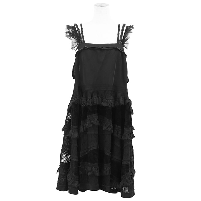 【美品】CHANEL シャネル キャミソールワンピース 07A P31447 レディース サイズ 44  シアー フリル/メッシュ シフォン ストレッチ コンビネーション ボリュームスカート 膝下丈 ノースリーブ パーティー ドレス ブラック 黒 フランス製