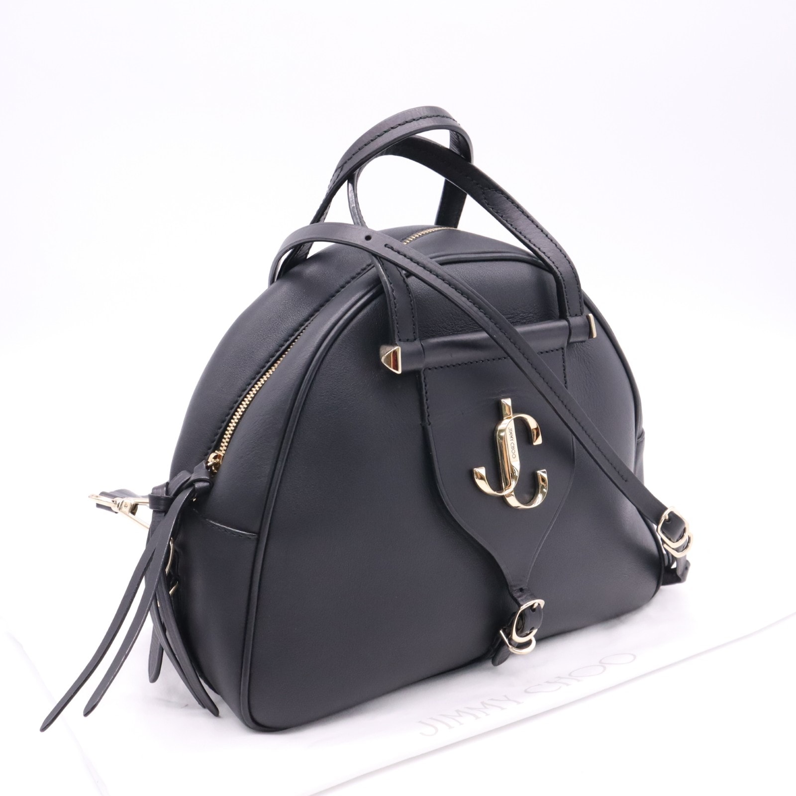 美品 JIMMY CHOO ジミーチュウ スムースレザー ヴァレンヌ ボーリングバッグ ミディアム - 2wayハンドバッグ ブラック スムースレザー レディース