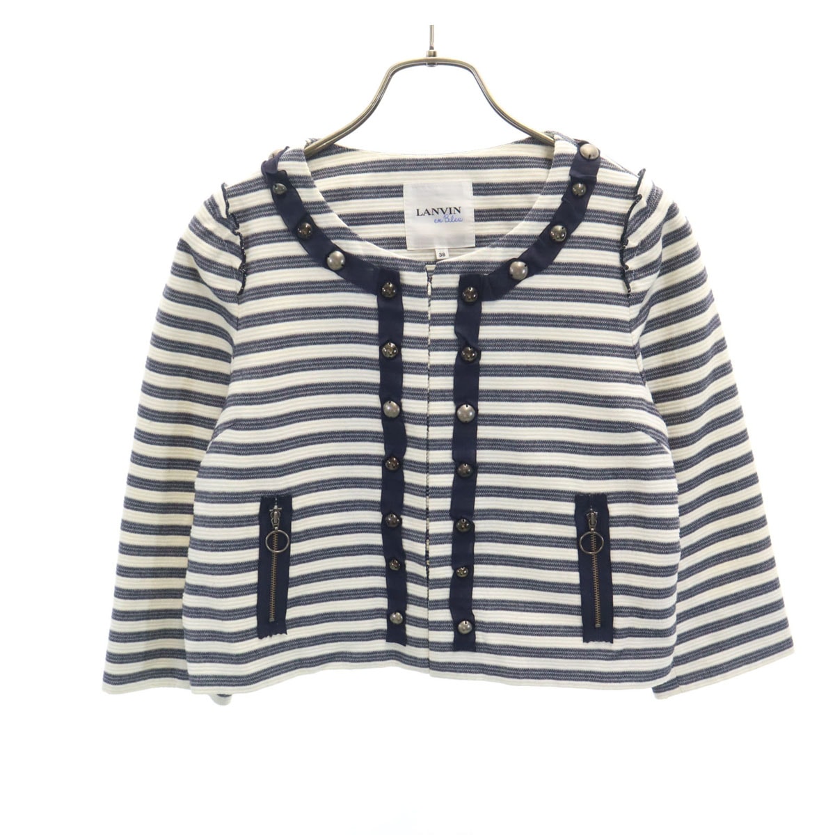 LANVIN en Bleu ランバンオンブルー ボーダー柄 ノーカラージャケット 38 ホワイト