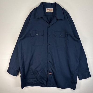 古着 ディッキーズ Dickies 長袖シャツ ワーク 作業着 フラップポケ 大きいサイズ ワンポイント ロゴ XL ネイビー 無地 メンズ