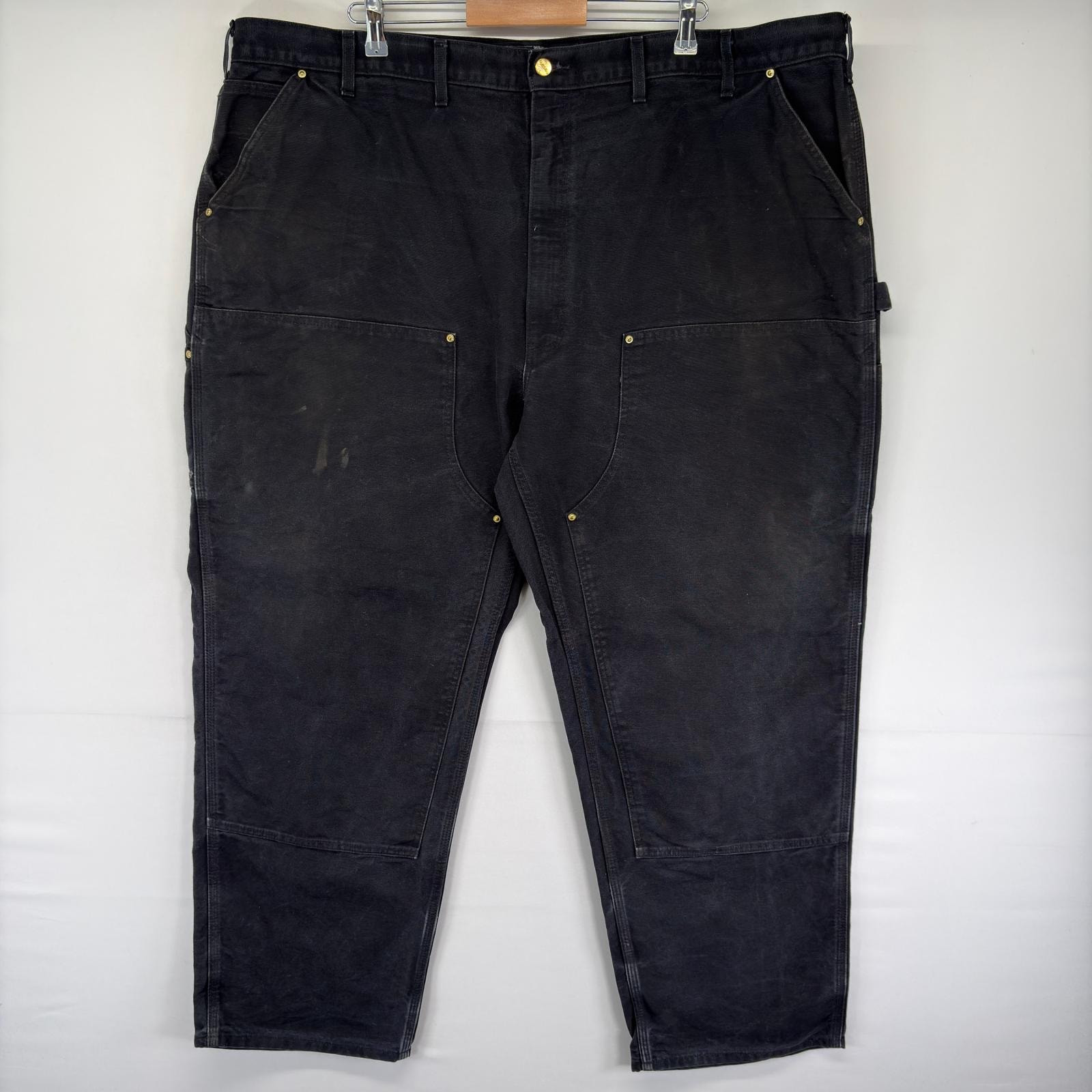 古着 カーハート Carhartt ダック パンツ ダブルニー ワンポイントロゴ ジッパーフライ 大きいサイズ w50 L32  ブラック系 メンズ