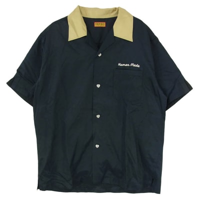 HUMAN MADE ヒューマンメイド 25SS HM29SH021 BOWLING S/S SHIRT チェーンステッチ ハート ロゴ 刺繍 レーヨン コットン 半袖 ボーリング シャツ ダークネイビー系 XL【中古】
