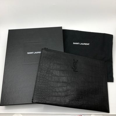Saint Laurent Monogram Document Holder In Crocodile Embossed Leather "Black"