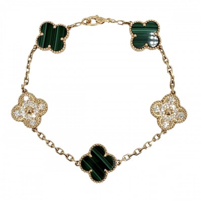 Van Cleef & Arpels ヴァンクリーフ&アーペル ブレスレット 5モチーフ ヴィンテージ アルハンブラ アジャスター付き YG K18イエローゴールド ダイヤモンド ゴールド グリーン 緑 レディース 約13.0g【中古品】