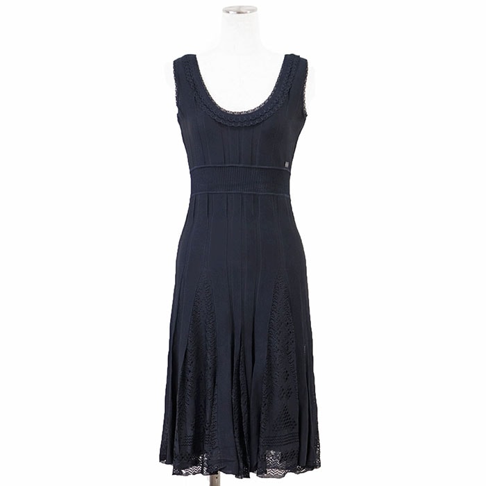 【極美品】CHANEL シャネル ワンピース レーヨン 05C P25219 2005年製 COCOマーク ロゴ チャーム リブニット レース ノースリーブ タイトフィット ドレス レディース サイズ 38 ネイビー 紺 フランス製