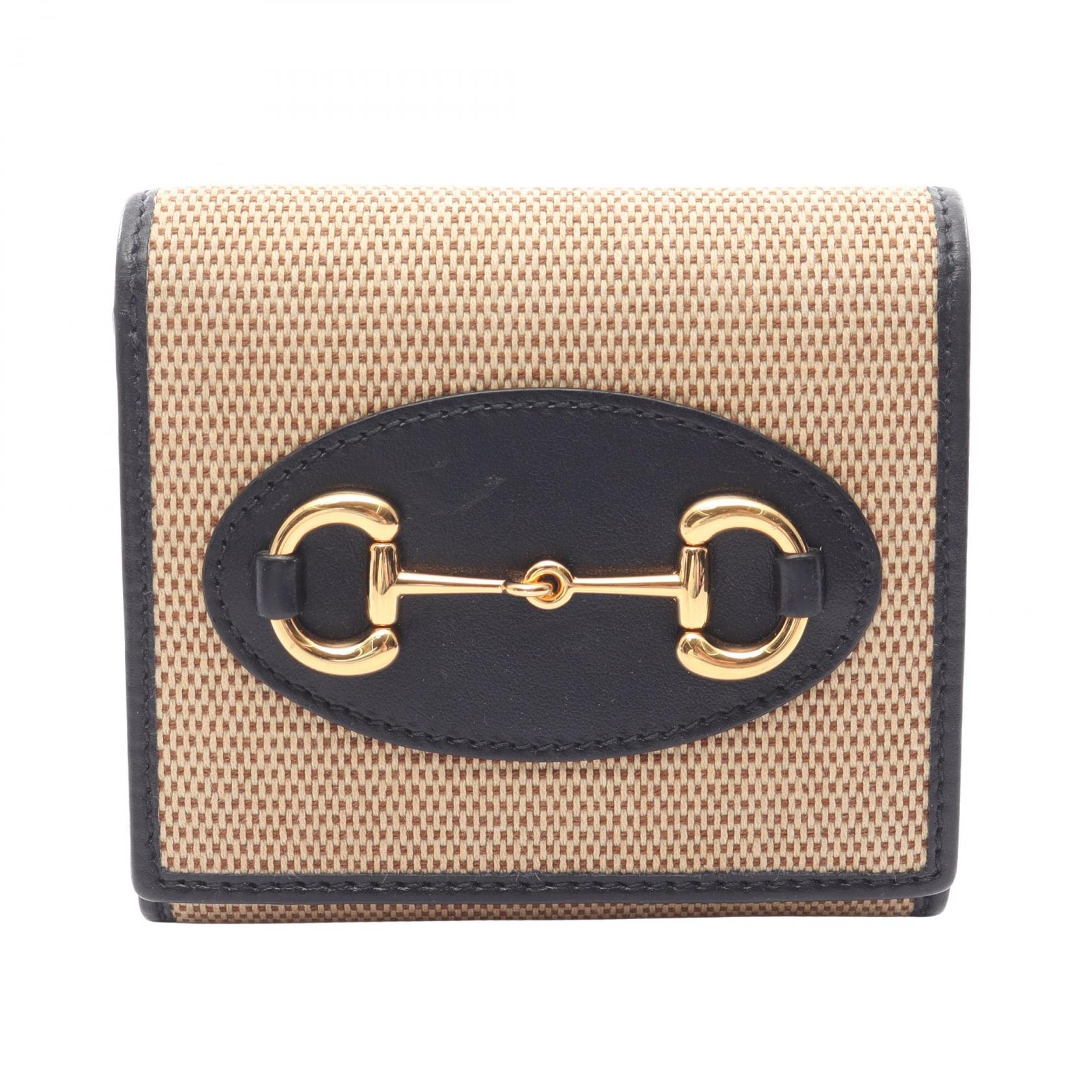 グッチ GUCCI ホースビット 二つ折り財布 財布 キャンバス レザー レディース ベージュ系 / ネイビー系 621891 【中古】