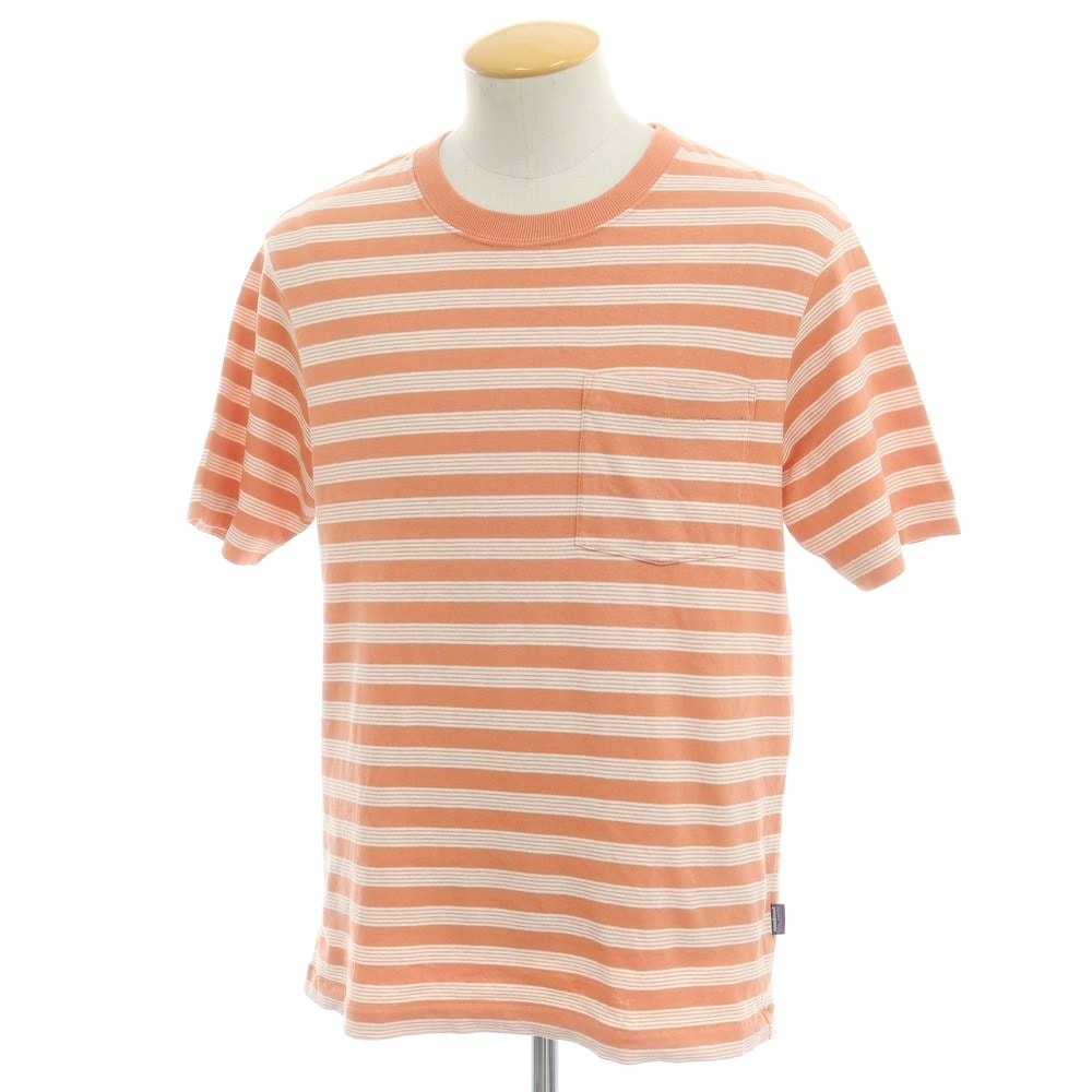 【中古】パタゴニア patagonia コットン ボーダー 半袖Tシャツ サーモンピンクxホワイト【サイズS】【メンズ】