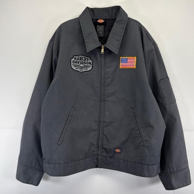 古着 ディッキーズ Dickies ジャケット フルジップ ワークジャケット 中綿 ワッペン 大きいサイズ 2XL グレー系 メンズ