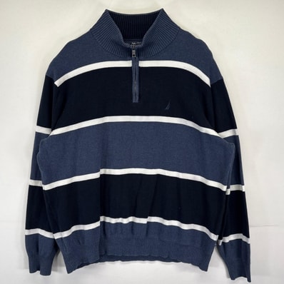 古着 ノーティカ NAUTICA ニット 大きいサイズ ハーフジップ プルオーバー ワンポイントロゴ ボーダー柄 2XL ブラック メンズ
