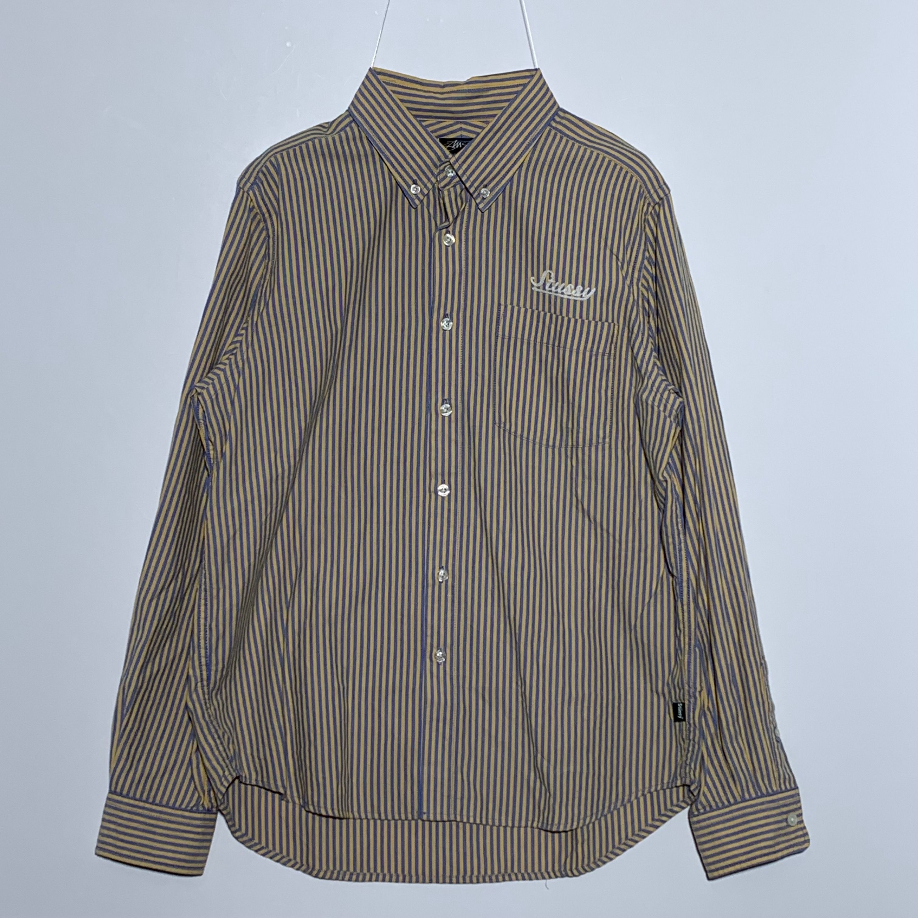 stussy シャツ 長袖 ボタンダウン ストライプ 胸ポケット 刺繍 M 黄色