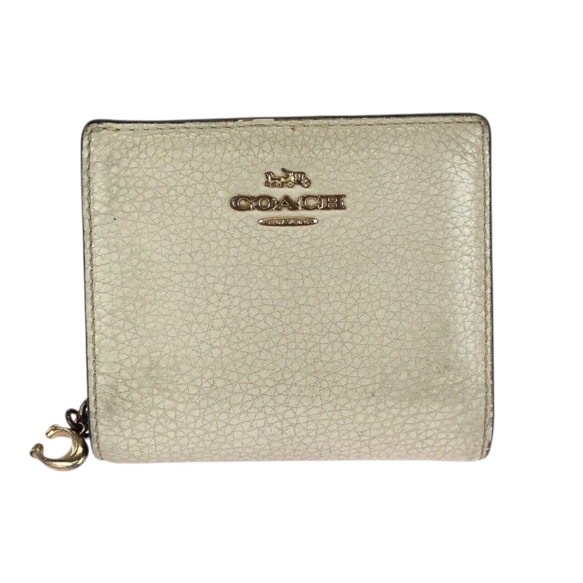COACH コーチ オフホワイト ゴールド金具 レザー 折財布 コンパクトウォレット 603483 【中古】
