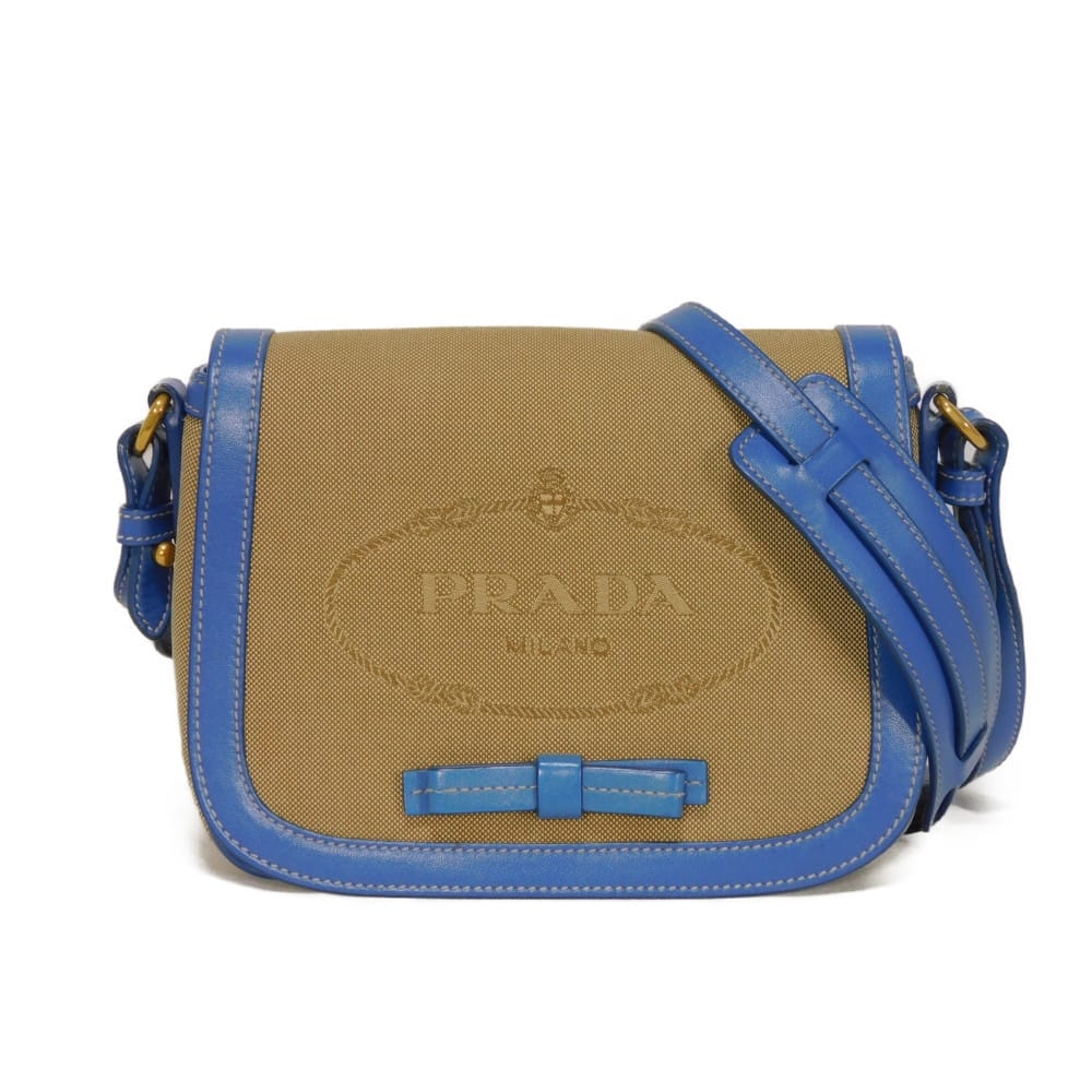 PRADA プラダ ジャガード リボン クロスボディ カーフ ブルー フラップ トライアングルロゴ ブラウン ショルダーバッグ 1BD190 UCW F074E