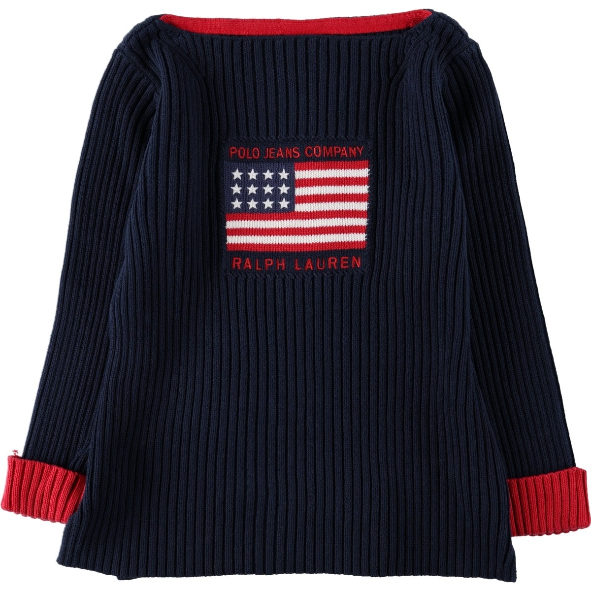 古着 00年代 ラルフローレン Ralph Lauren POLO JEANS COMPANY 星条旗柄 ボートネック リブ編み コットンニットセーター レディースL相当/eaa655571