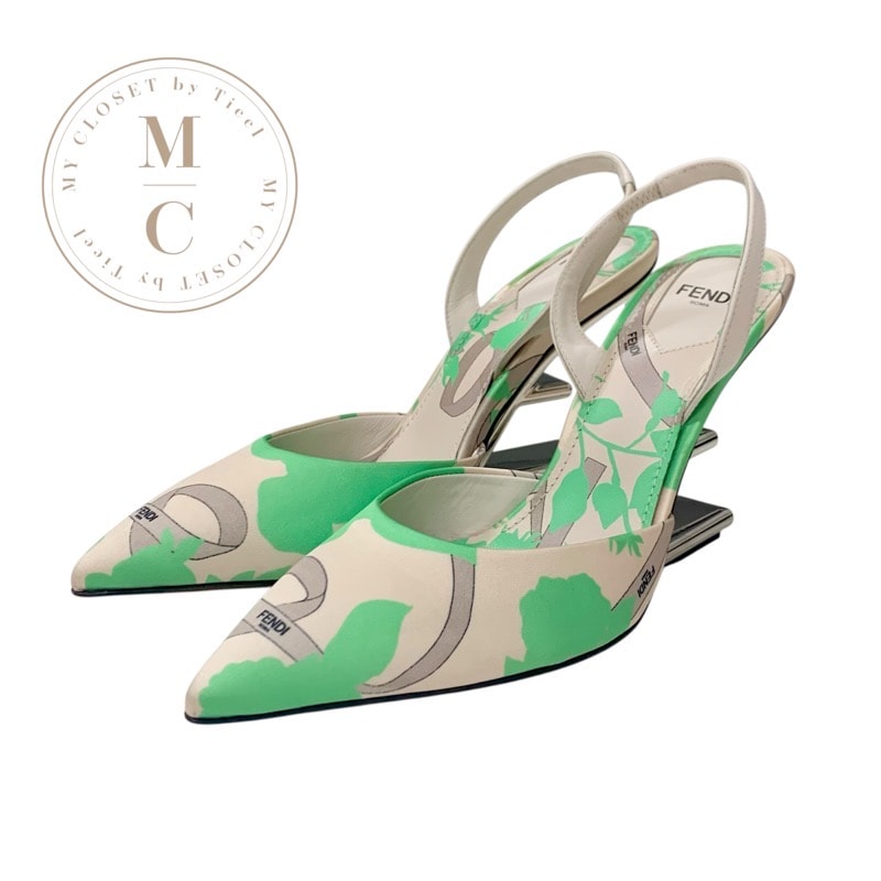 フェンディ FENDI ファースト パンプス 靴 シューズ サテン レザー ホワイト系 グリーン シルバー 未使用 メタルヒール ストラップ サンダル Fロゴ ボタニカル