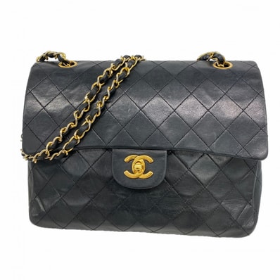 ★最終価格★SALE【6fa0391-h】シャネル ショルダーバッグ マトラッセ Wフラップ Wチェーン ラムスキン ブラック ゴールド金具【中古】レディース