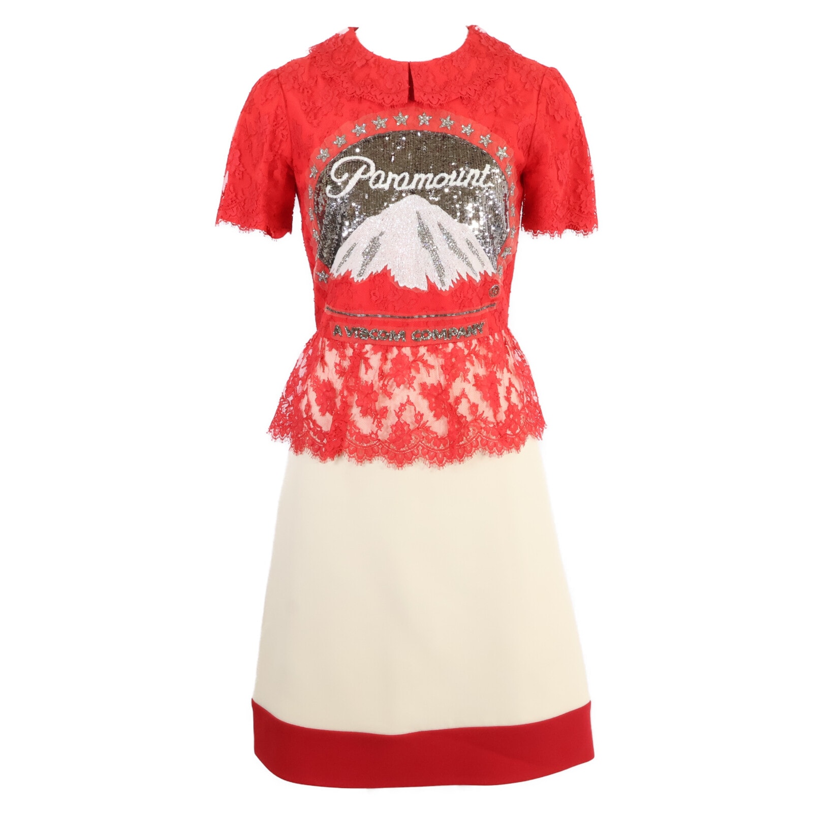 グッチ 543335 18年 Paramount スパンコールロゴレースバイカラードレス 36