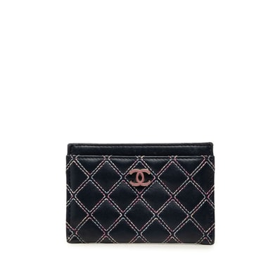 シャネル ココマーク ダブルステッチ カードケース ネイビー マルチカラー ラムスキン レディース CHANEL 中古