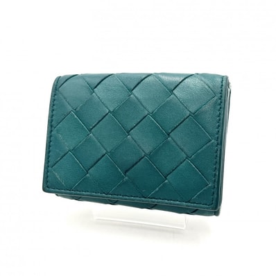 BOTTEGA VENETA(ボッテガ・ヴェネタ)イントレチャート 三つ折り財布 コンパクトウォレット ミニウォレット レザー グリーン系 レディース 【中古】
