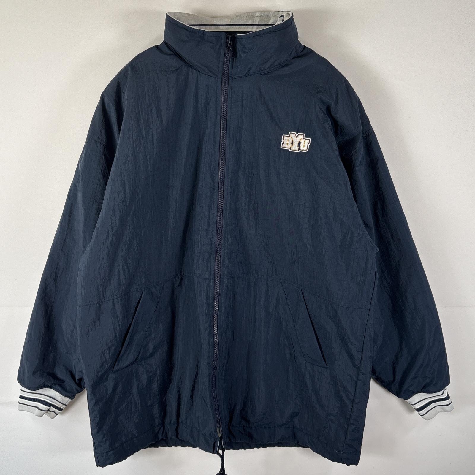 古着 90's/90年代 チャンピオン Champion ナイロンジャケット 中綿 大きいサイズ フルジップ ワッペン スタジャン 14041 ネイビー メンズ